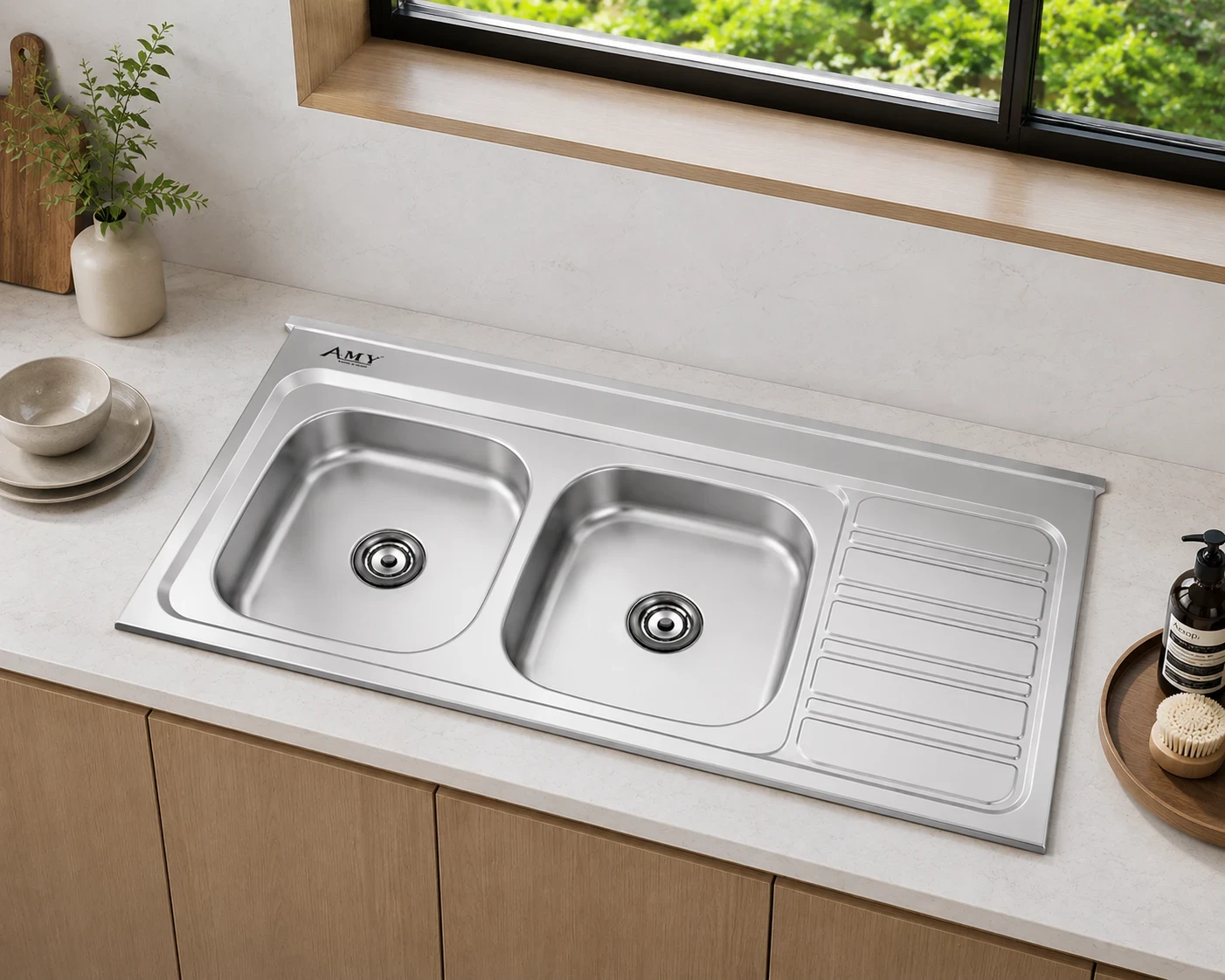 Chậu rửa 2 hố cân, có bàn, có gờ trên AM 1200 LD