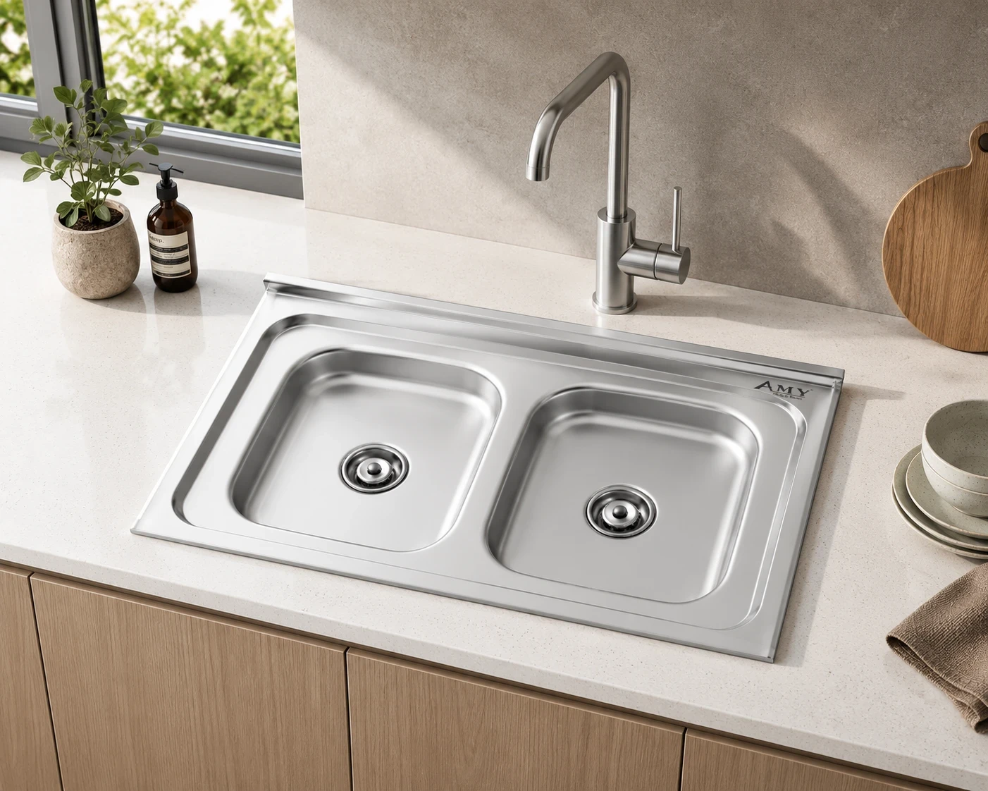 Chậu rửa 2 hố cân có gờ trên AM 900 LD